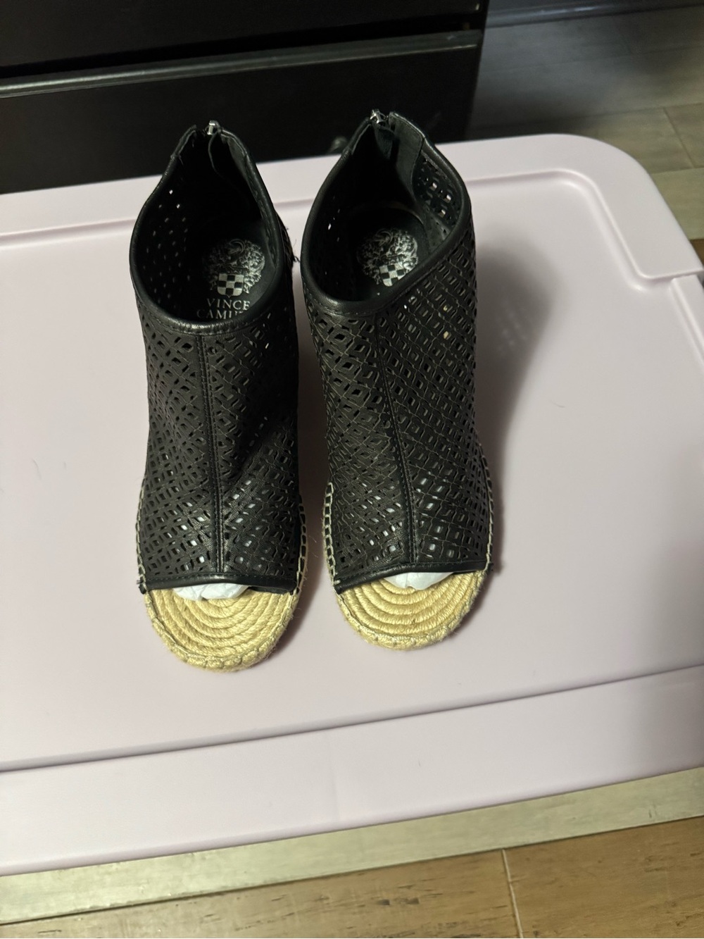 Vince Camuto Black Perforated Peep-Toe Espadrille Wedge Booties